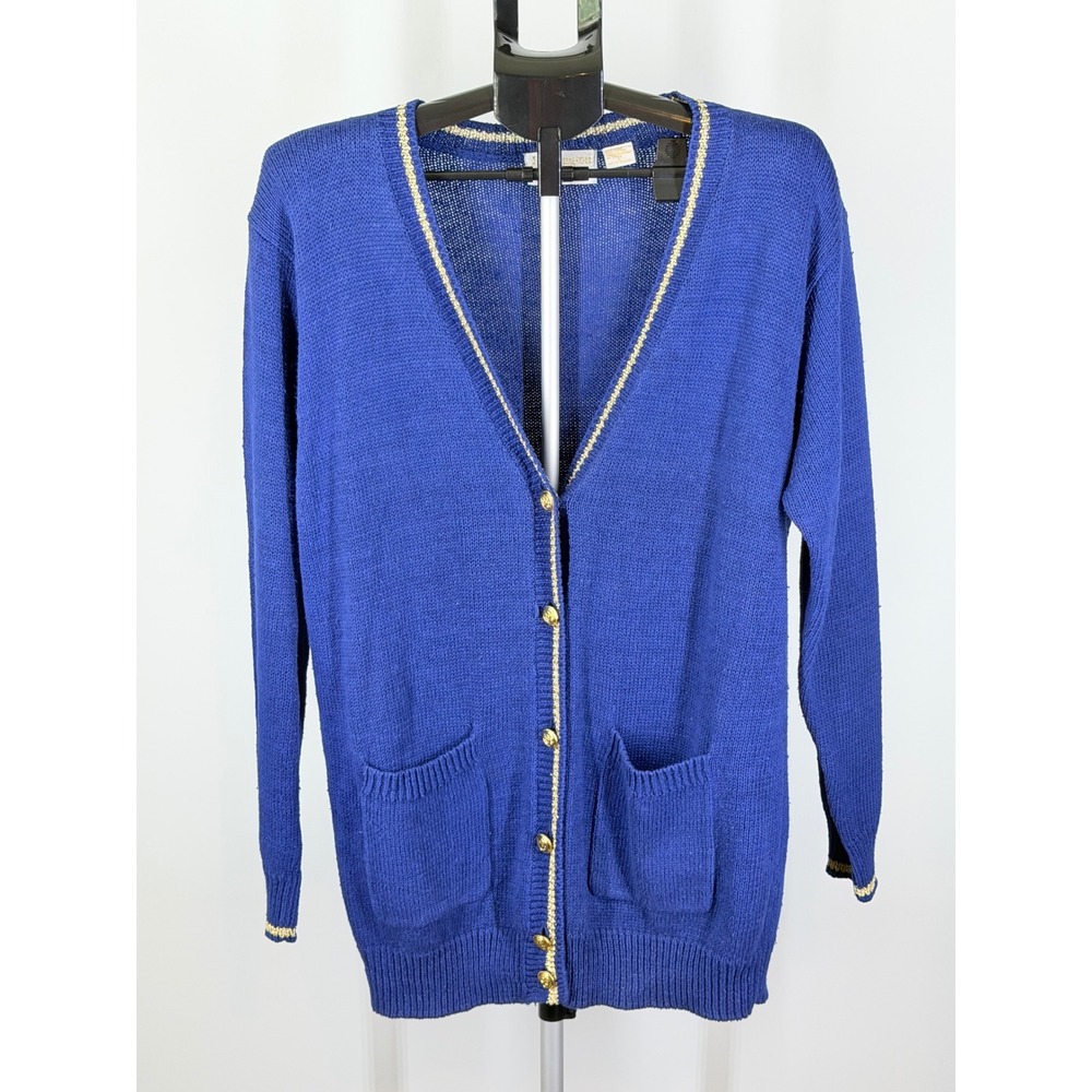 Huntington Ridge Vintage Blue Gold Trim Button Up Cardigan Sweater Womens Large